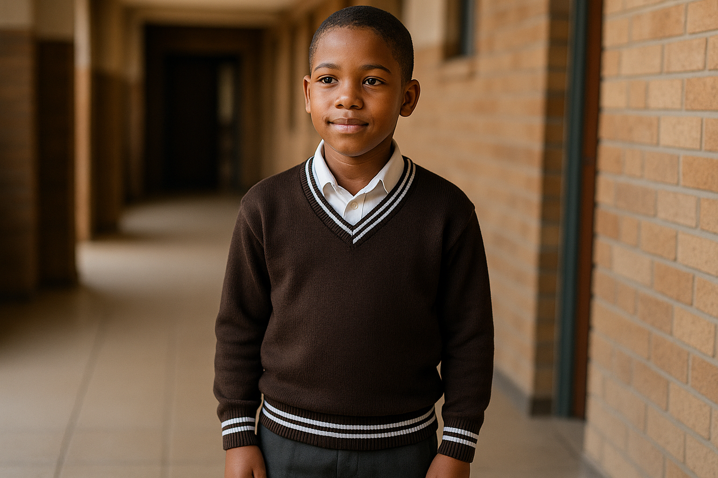 Boy in brown sweater with correct white trim