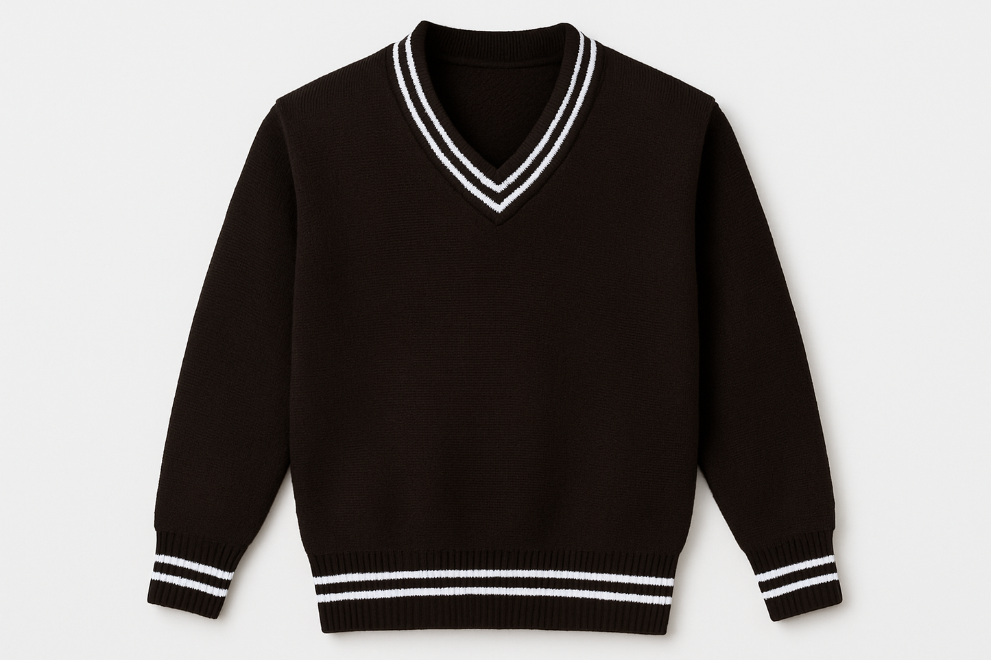 Brown sweater with white trim on white background