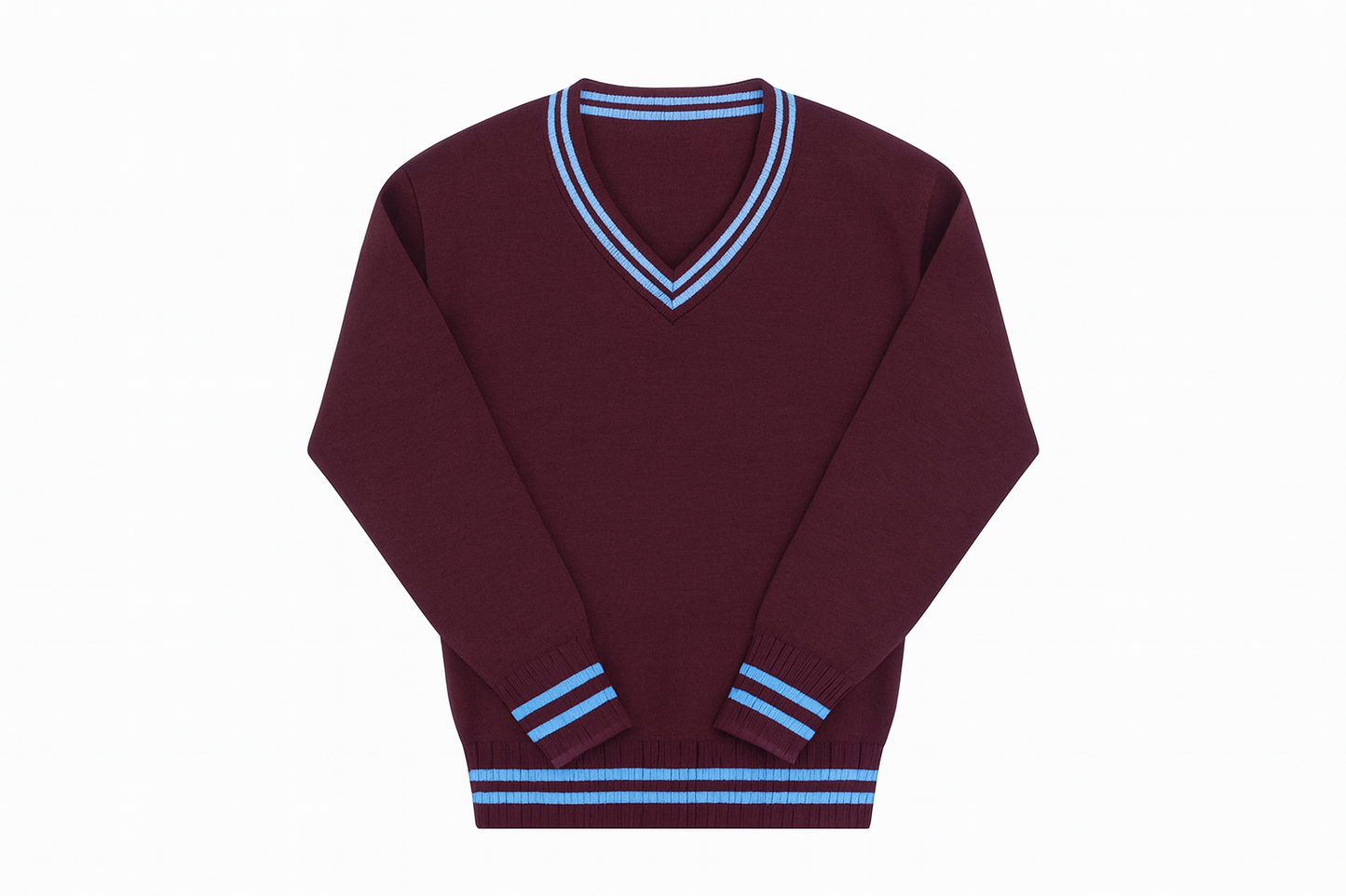 Clean maroon sweater product mockup with sky blue trim