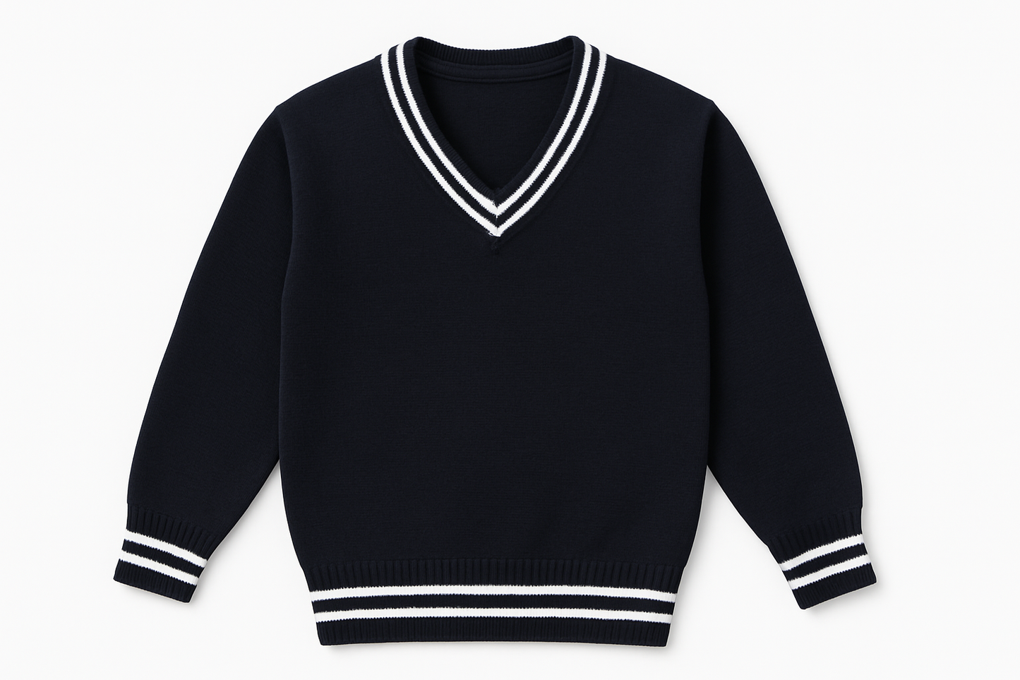 Clean product mockup of navy sweater with white trim