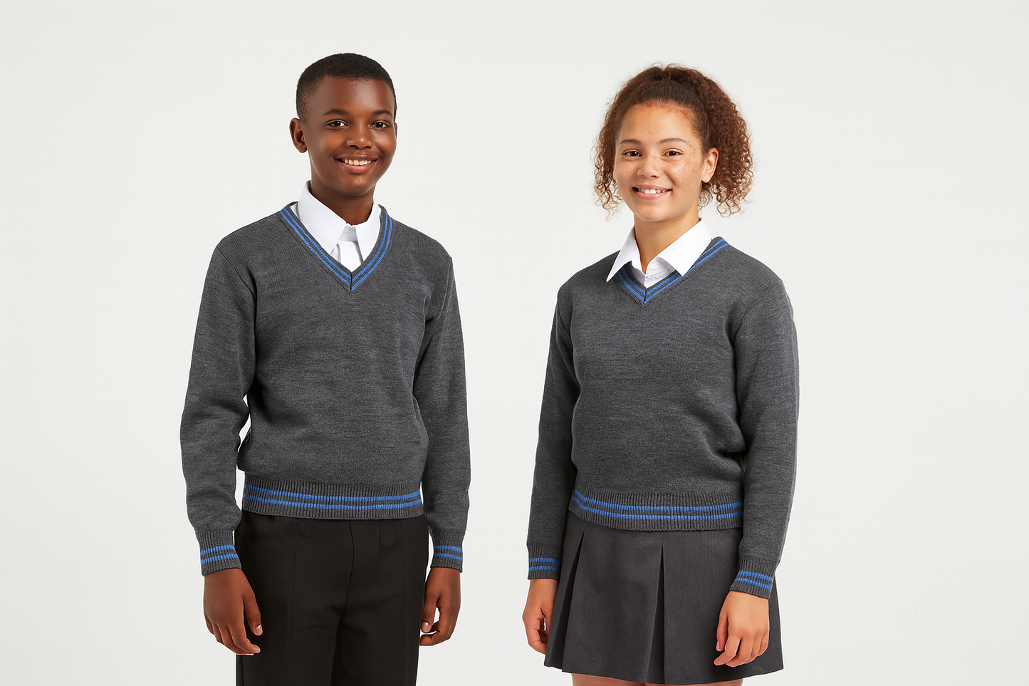 Grey Sweater with Blue Trim - Unisex Appeal - CORRECTED