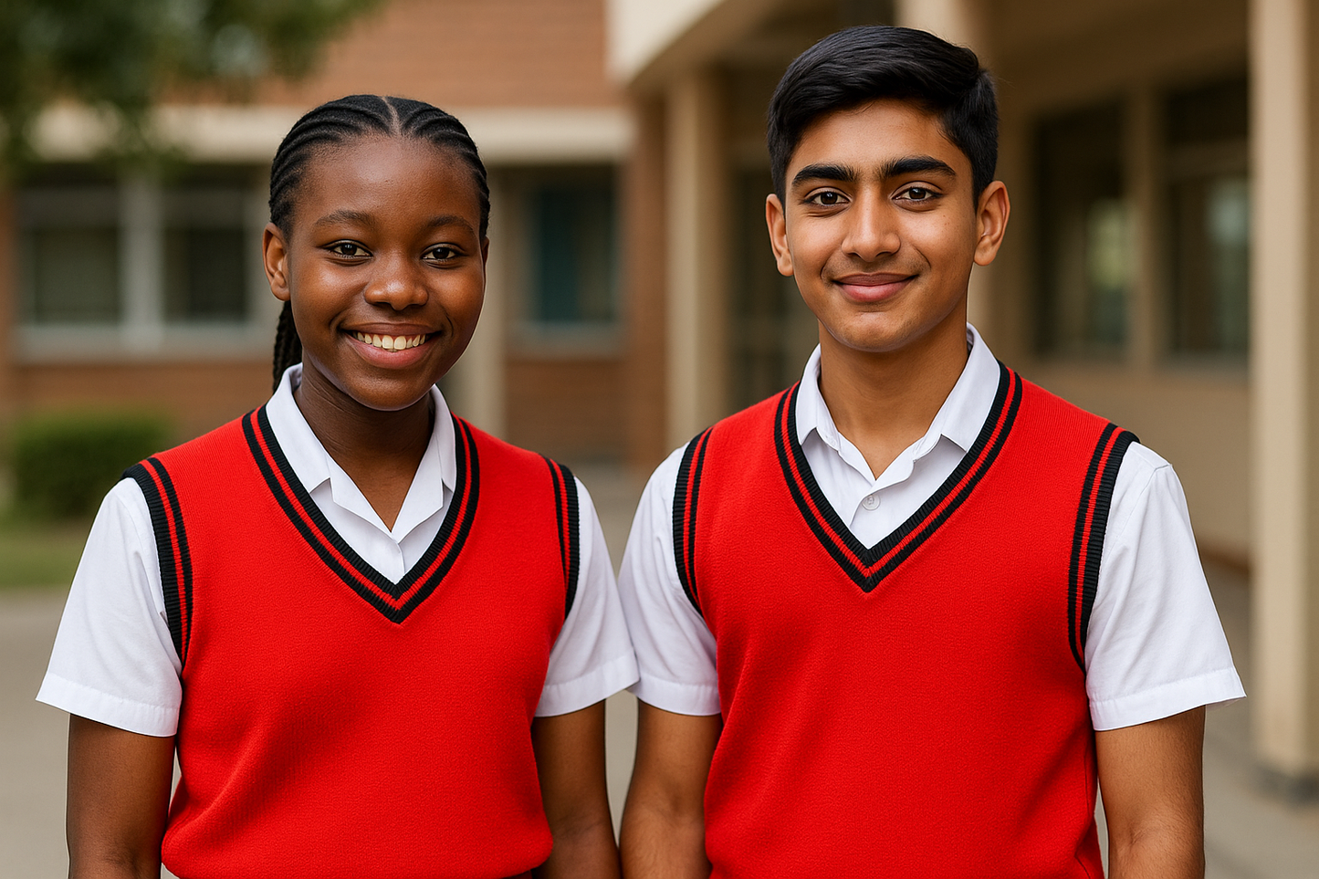 Male and Female Students in Red School Sweaters with Black Trim