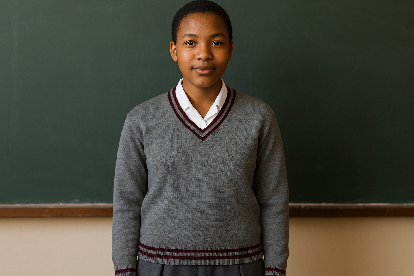 Girl in gray sweater with maroon trim - full length