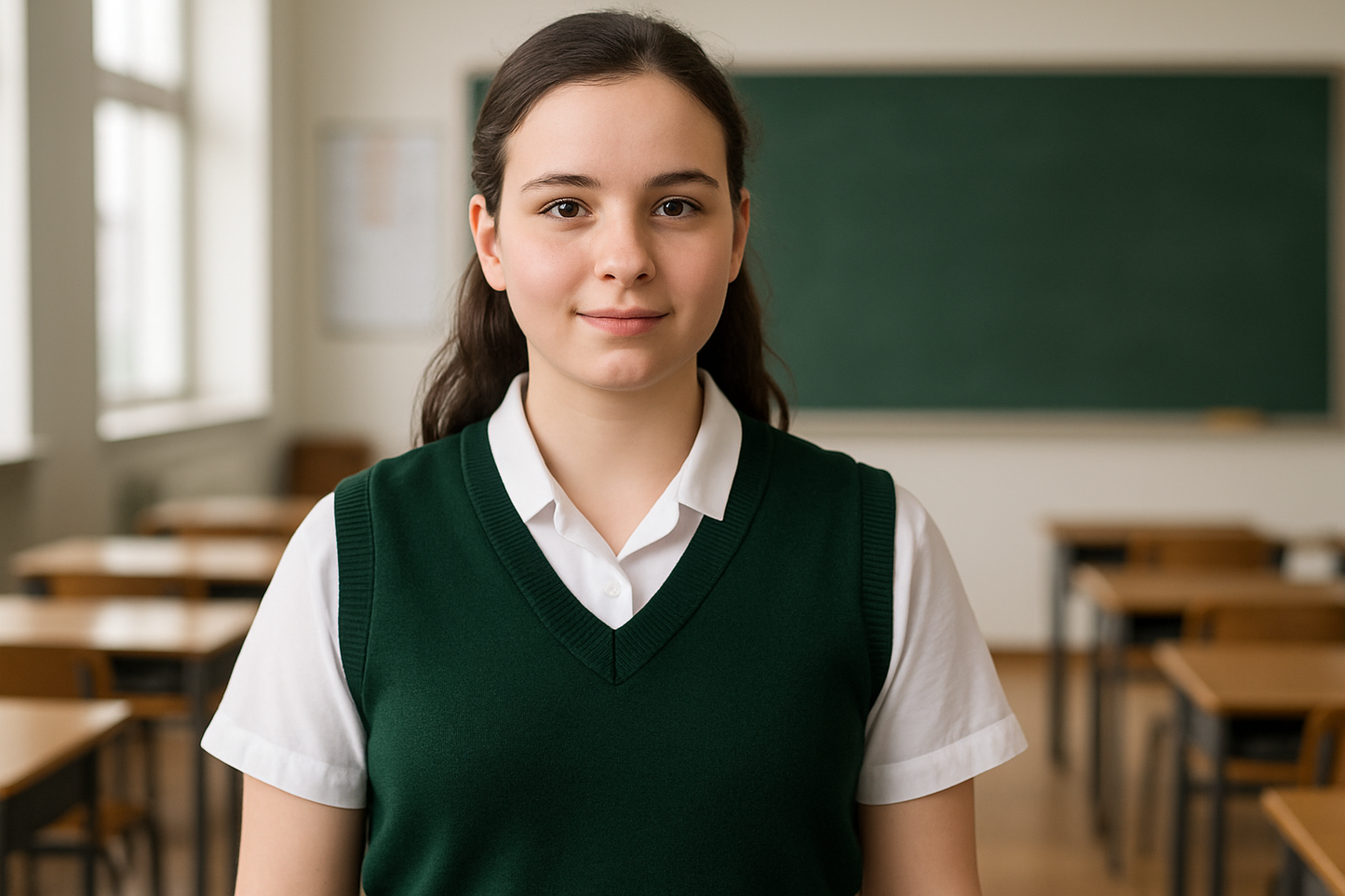 South African girl with White heritage in forest green sleeveless sweater
