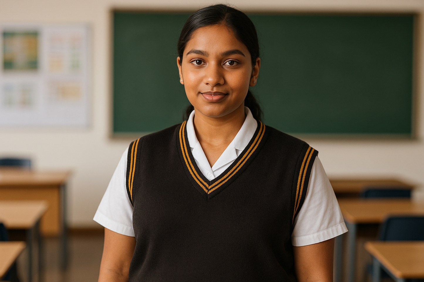 South African girl in brown and gold sleeveless sweater