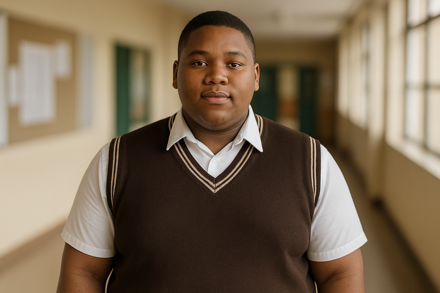 Student size 38-42 wearing brown pullover with double-line trim