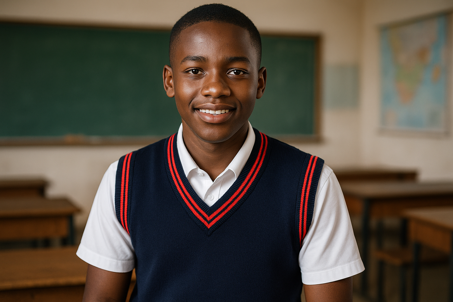 Black South African Male Student - Navy with Red Trims