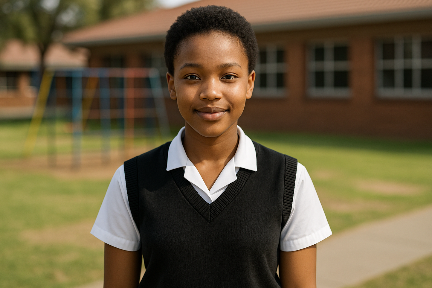 Single student in clean black sleeveless sweater