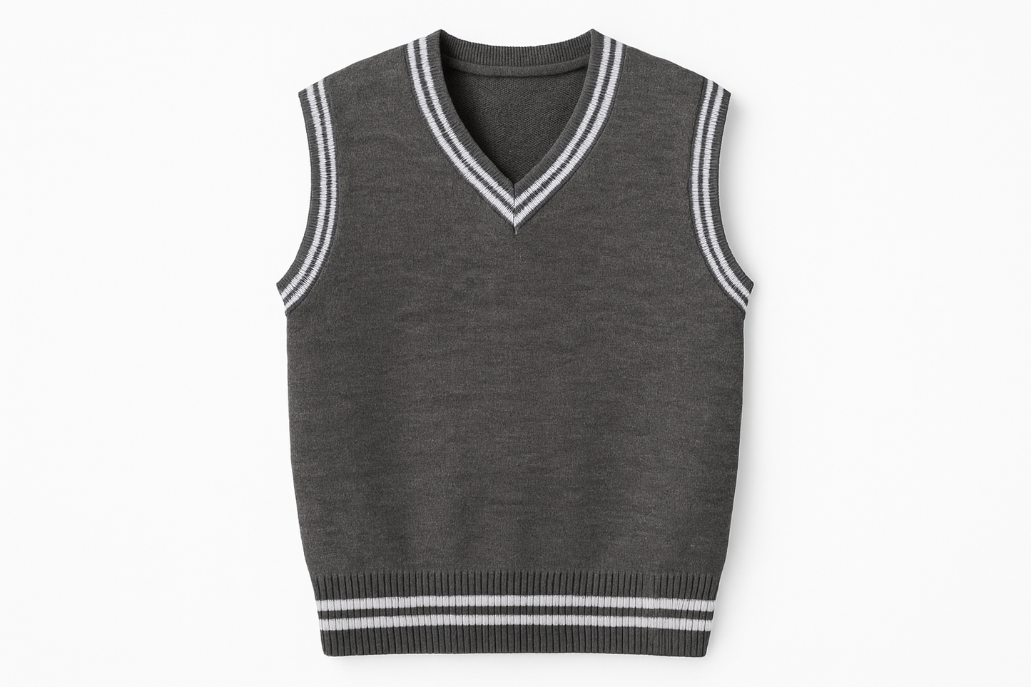Product mockup of gray and white sleeveless sweater