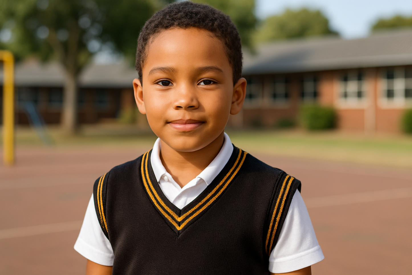 South African boy in brown and gold sleeveless sweater