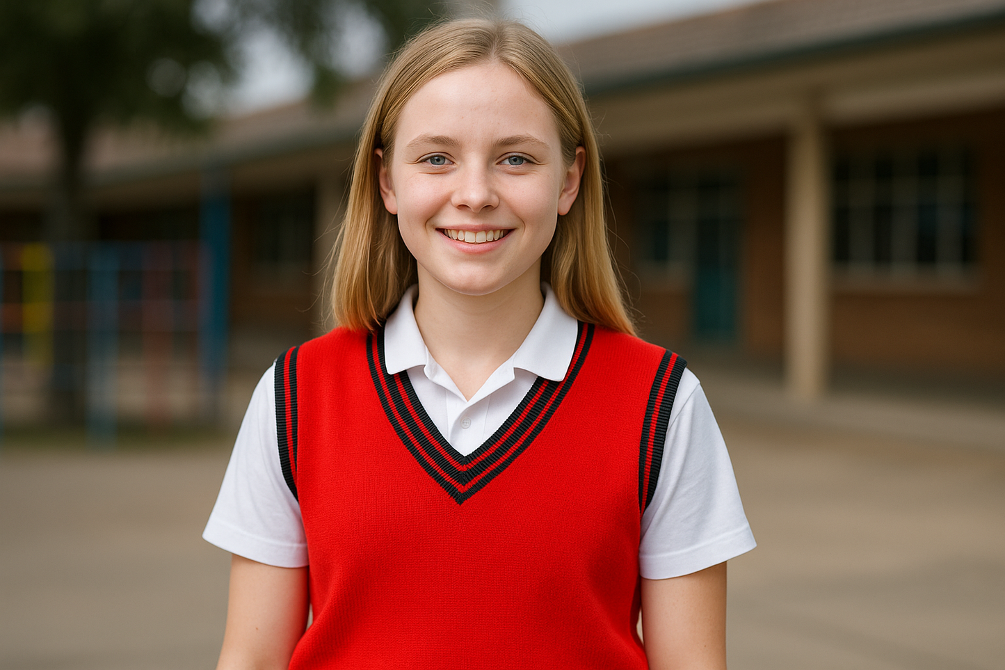 South African Student in Red School Sweater with Black Trim