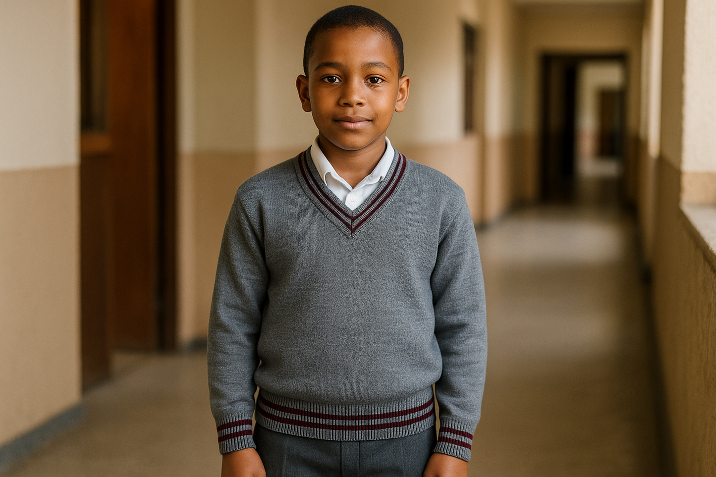 Boy in gray sweater with maroon trim