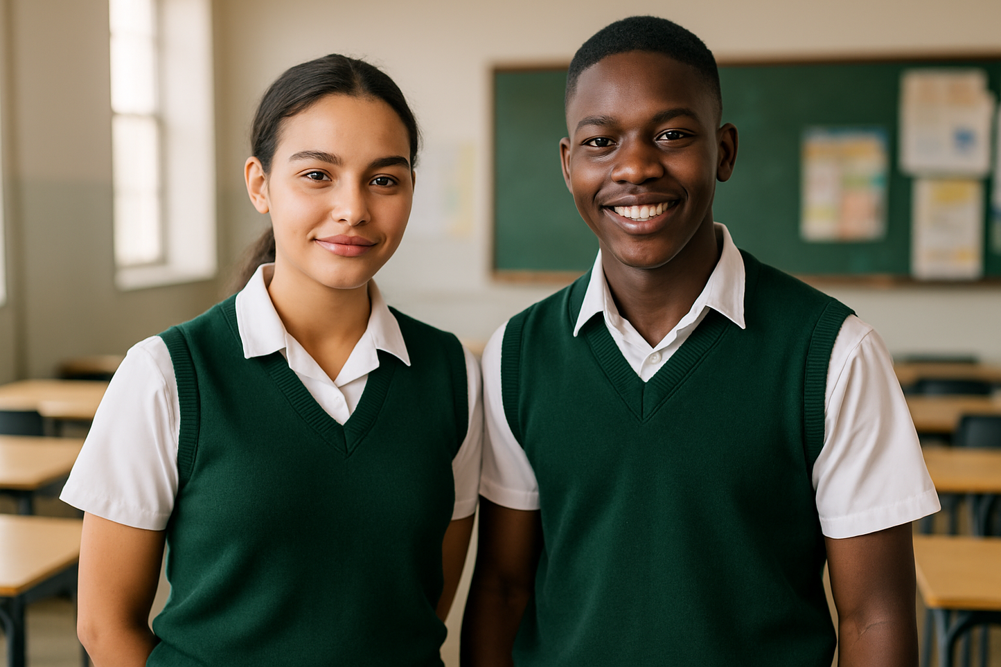 Diverse students wearing forest green sleeveless sweaters