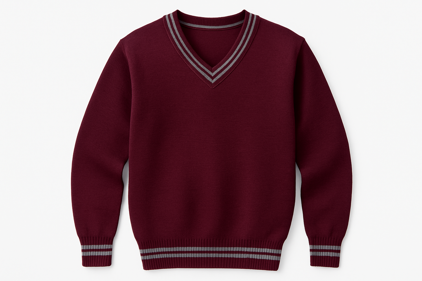 Maroon V-neck school sweater with grey trim on V-neck, cuffs and hem product shot