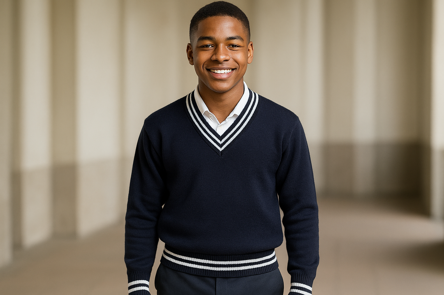 Older student (size 38-42) wearing the navy sweater with long pants