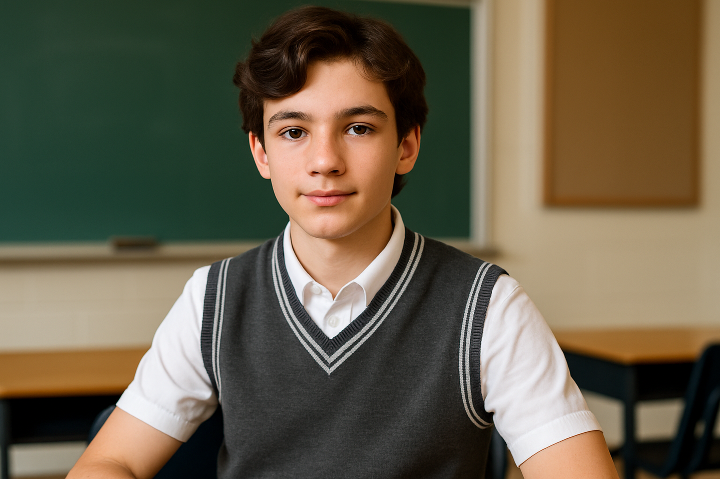 School student wearing grey sleeveless uniform sweater over white shirt in classroom, professional school photography, natural lighting