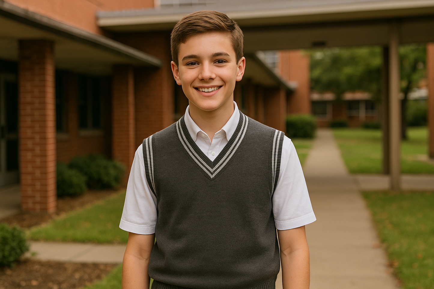 School uniform lifestyle photo, student wearing grey sleeveless sweater over white shirt, school environment background, professional commercial photography
