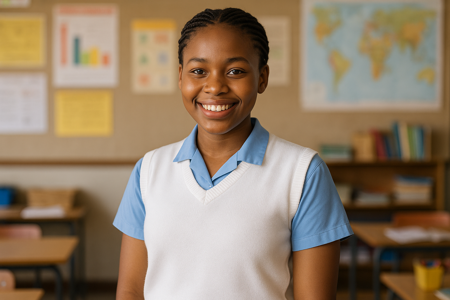 South African Girl Student in White School Uniform Sweater