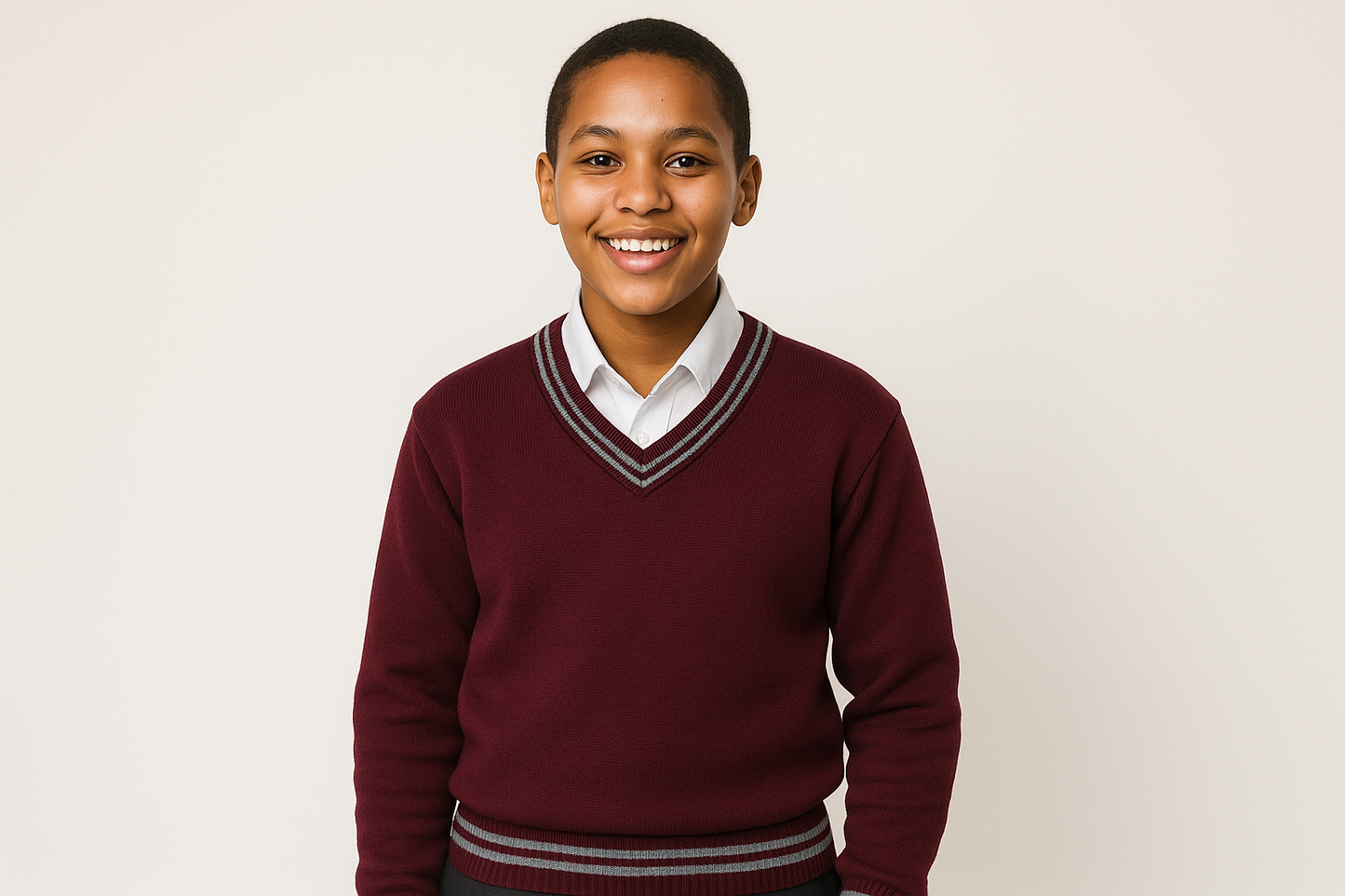 South African student in maroon V-neck sweater with grey trim details and white shirt, size 30-38