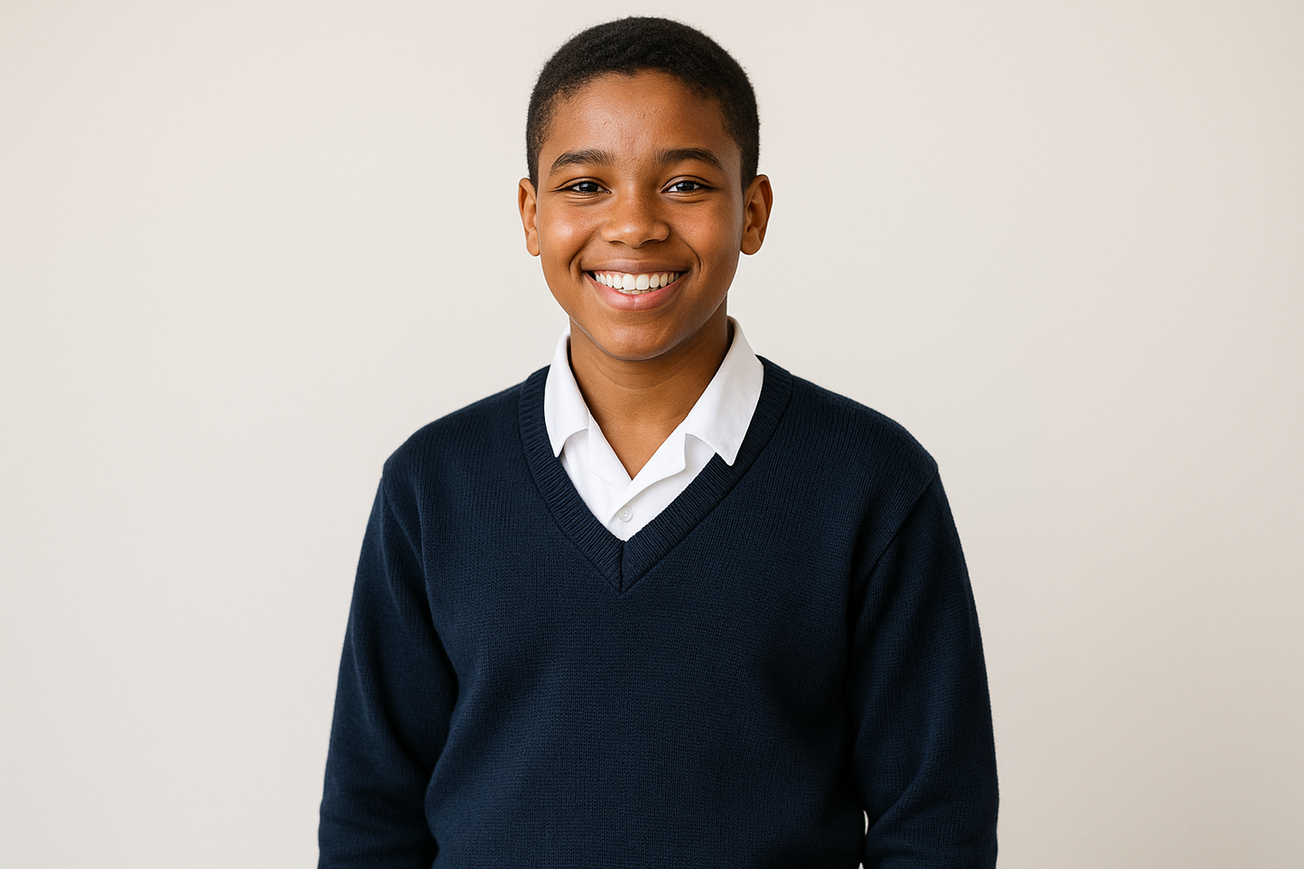 South African student in navy blue V-neck sweater with white shirt, size 30-38