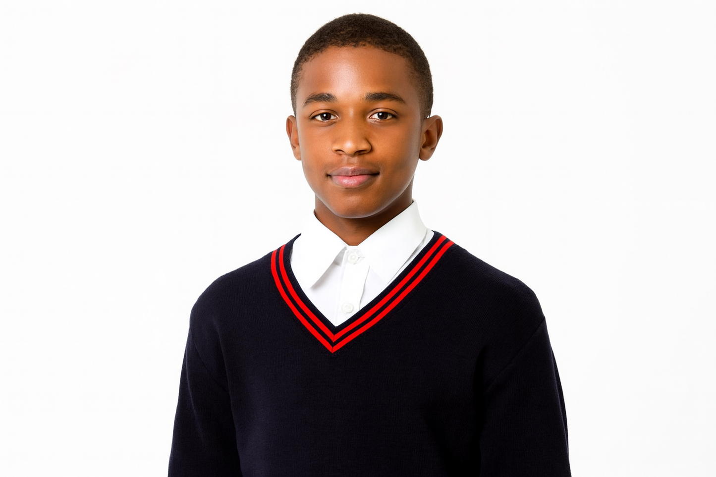 South African teenager wearing navy sweater with red trim