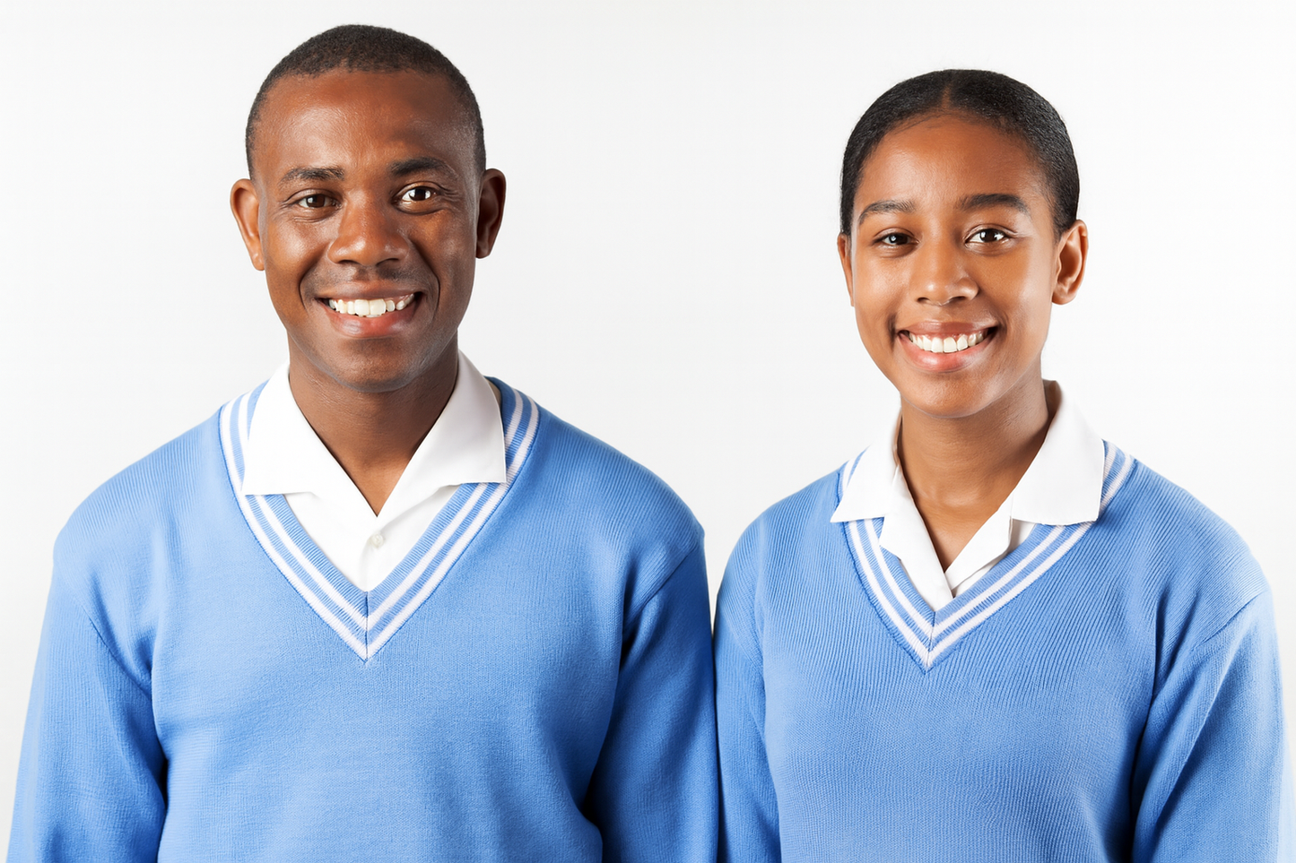 Two South African students wearing blue school sweaters with white trim