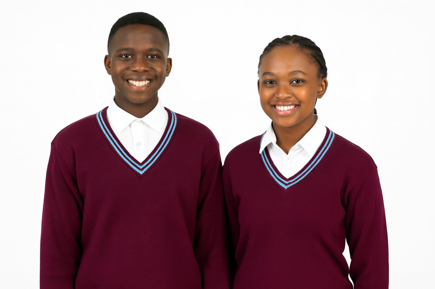 Two South African students wearing maroon school sweaters with sky blue trim