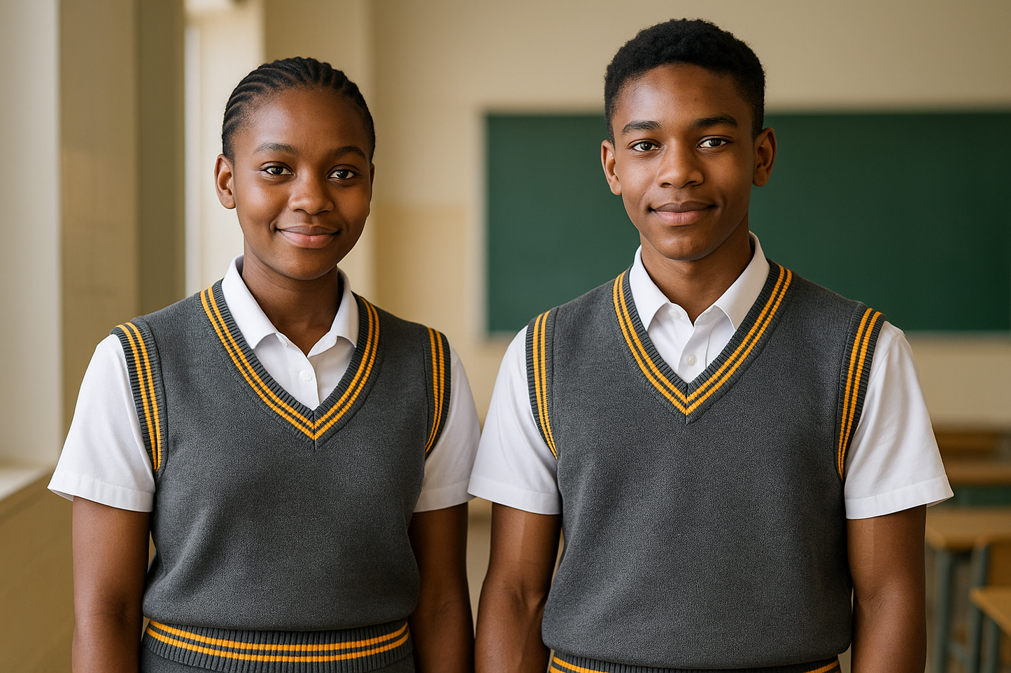 Two students wearing gray pullover with correct sleeve trim