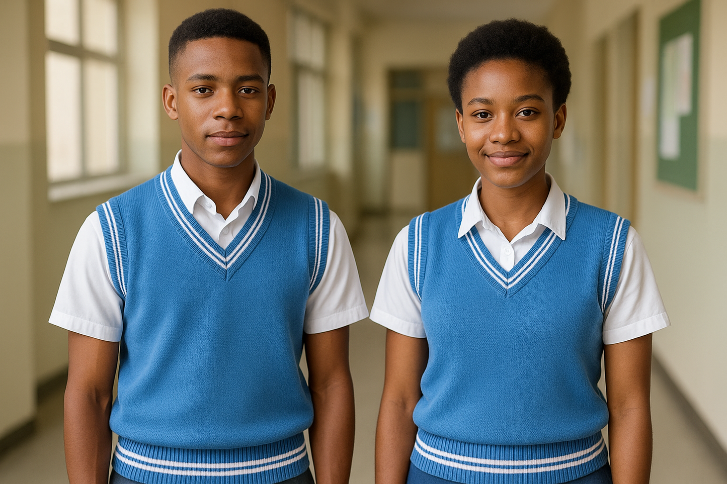 Two students wearing sky blue pullover with correct white trim