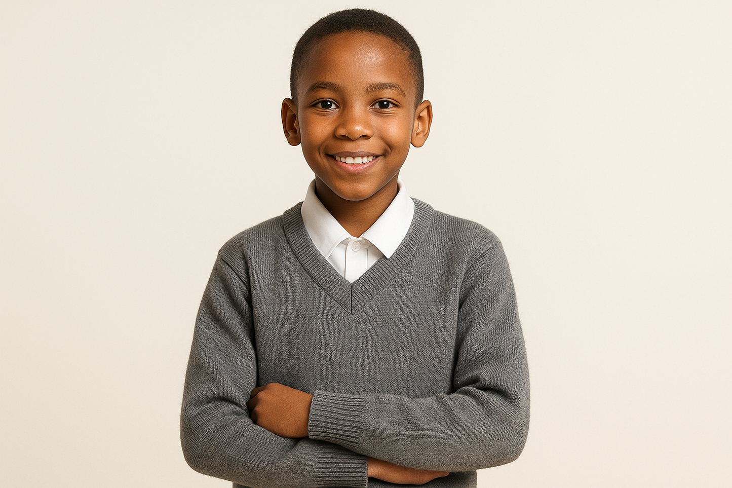 Young South African student in grey V-neck sweater, size 22-28