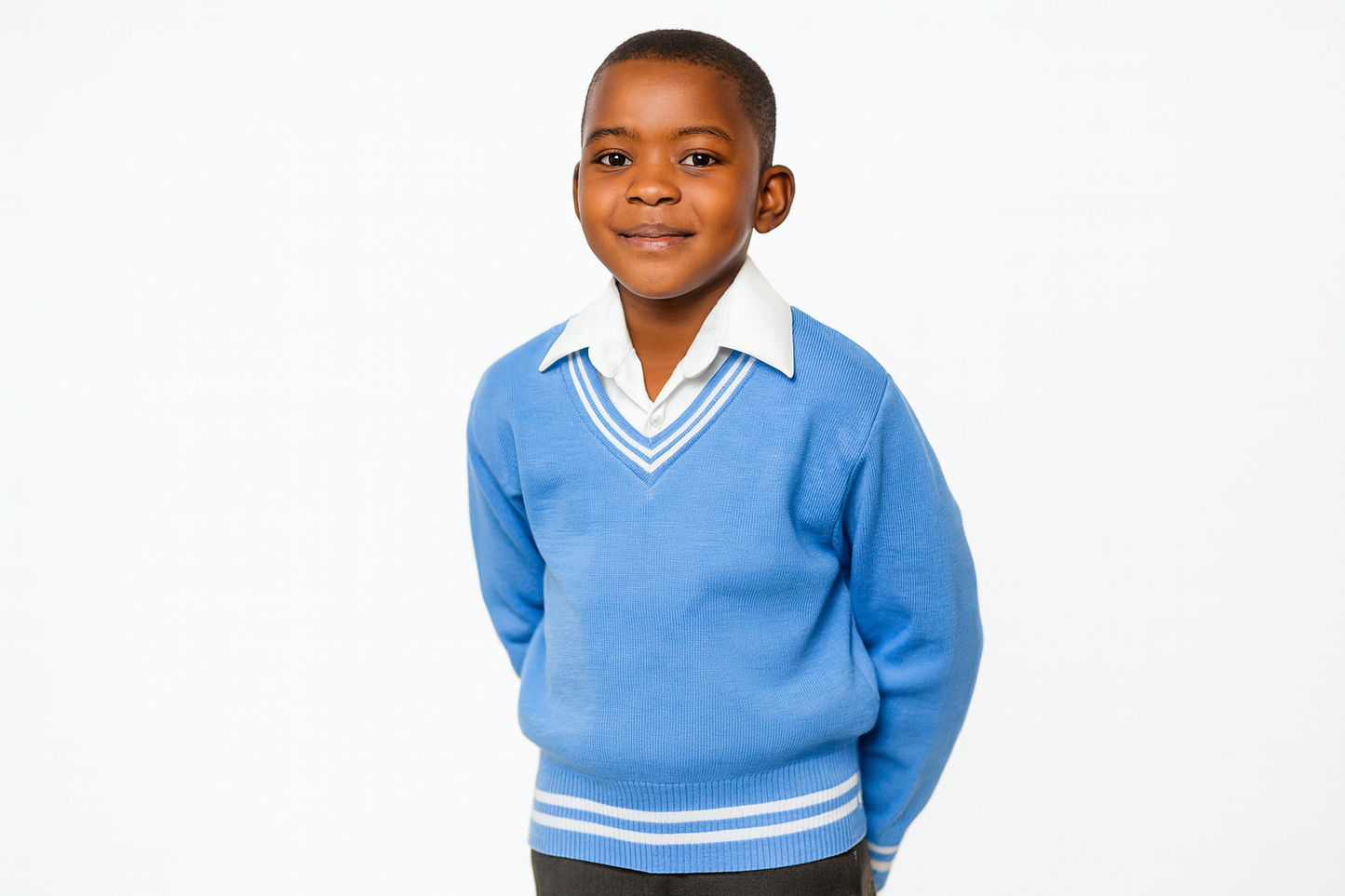 Young South African student wearing blue sweater with white trim