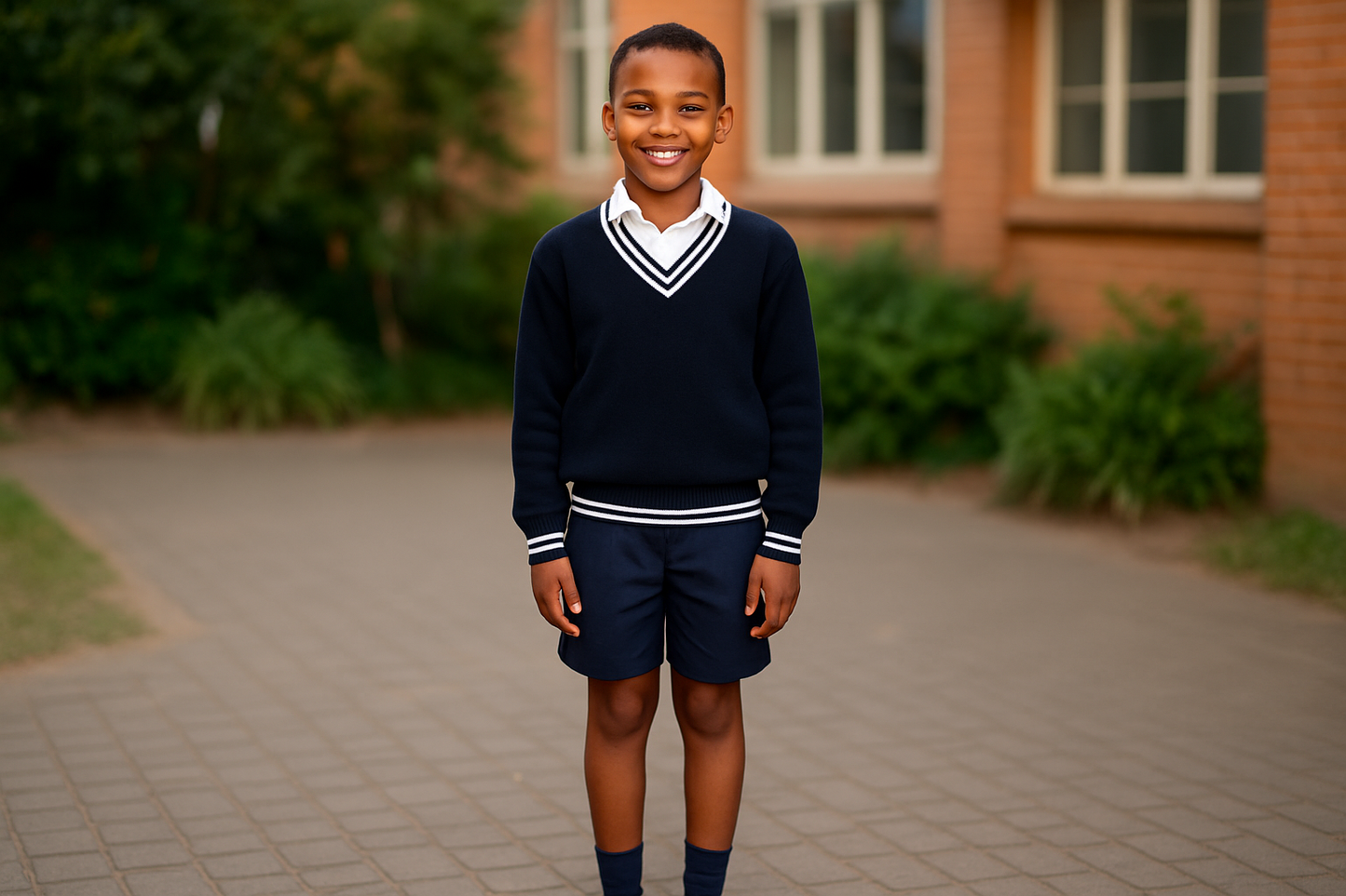 Young student (size 22-28) wearing the navy sweater
