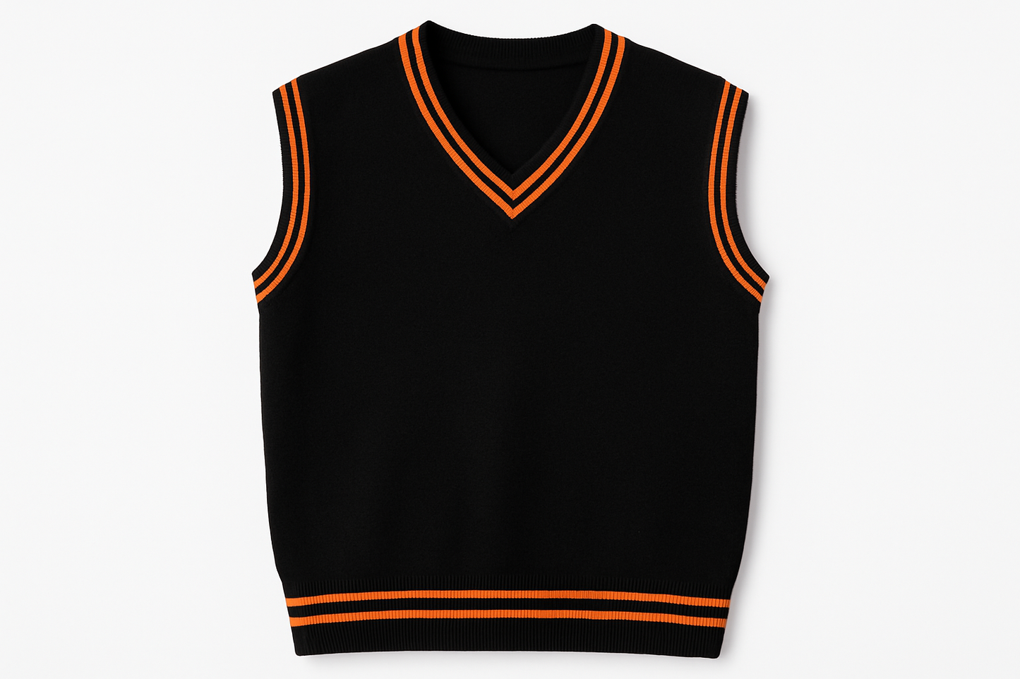 Black pullover product mockup with correct orange double-line trim