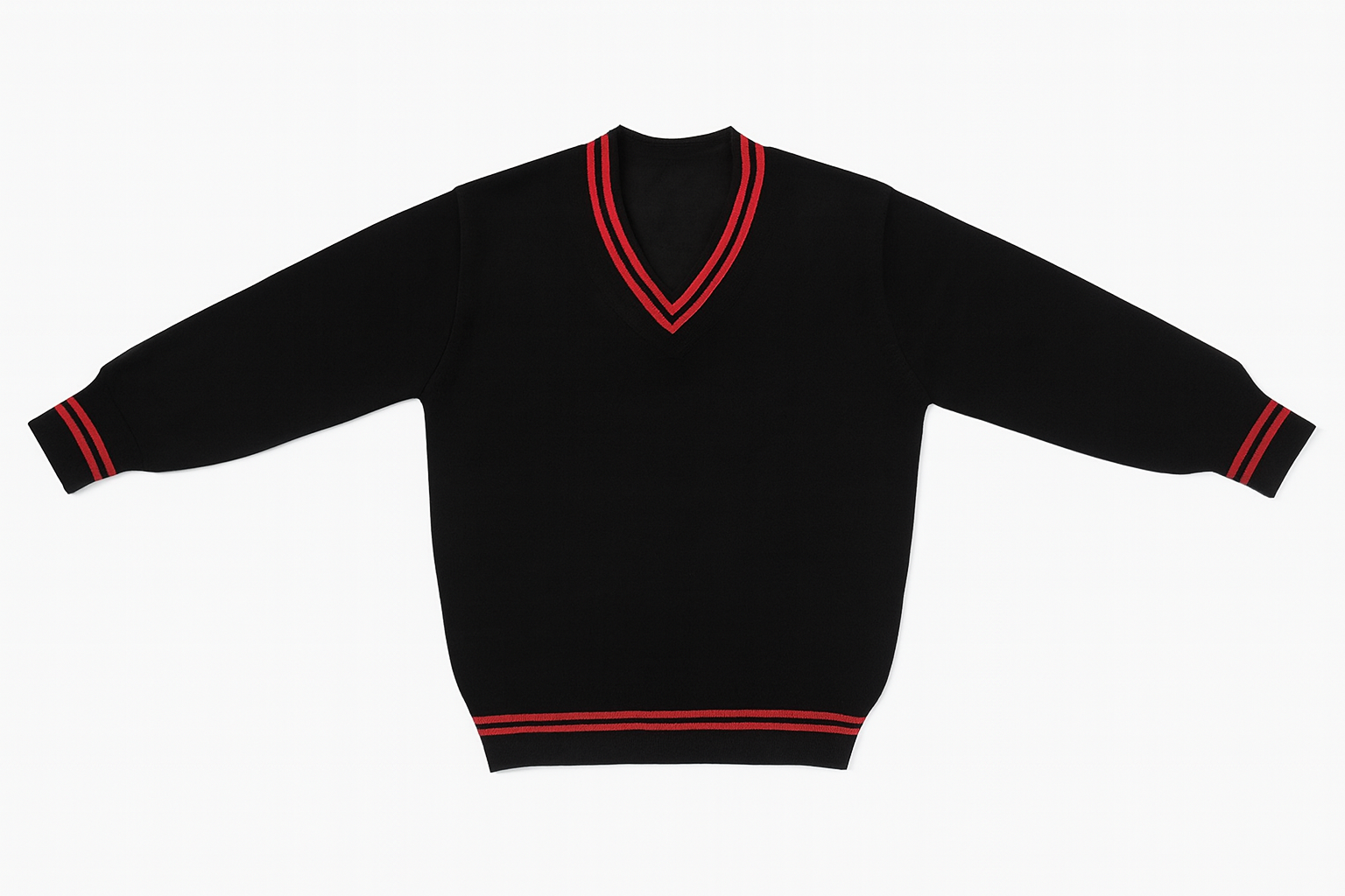 Black Sweater with Red Trim - Flat Lay