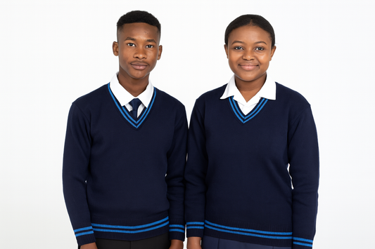 Boys and Girls School Sweater - Navy Blue with Sky Blue Stripes - South African Students
