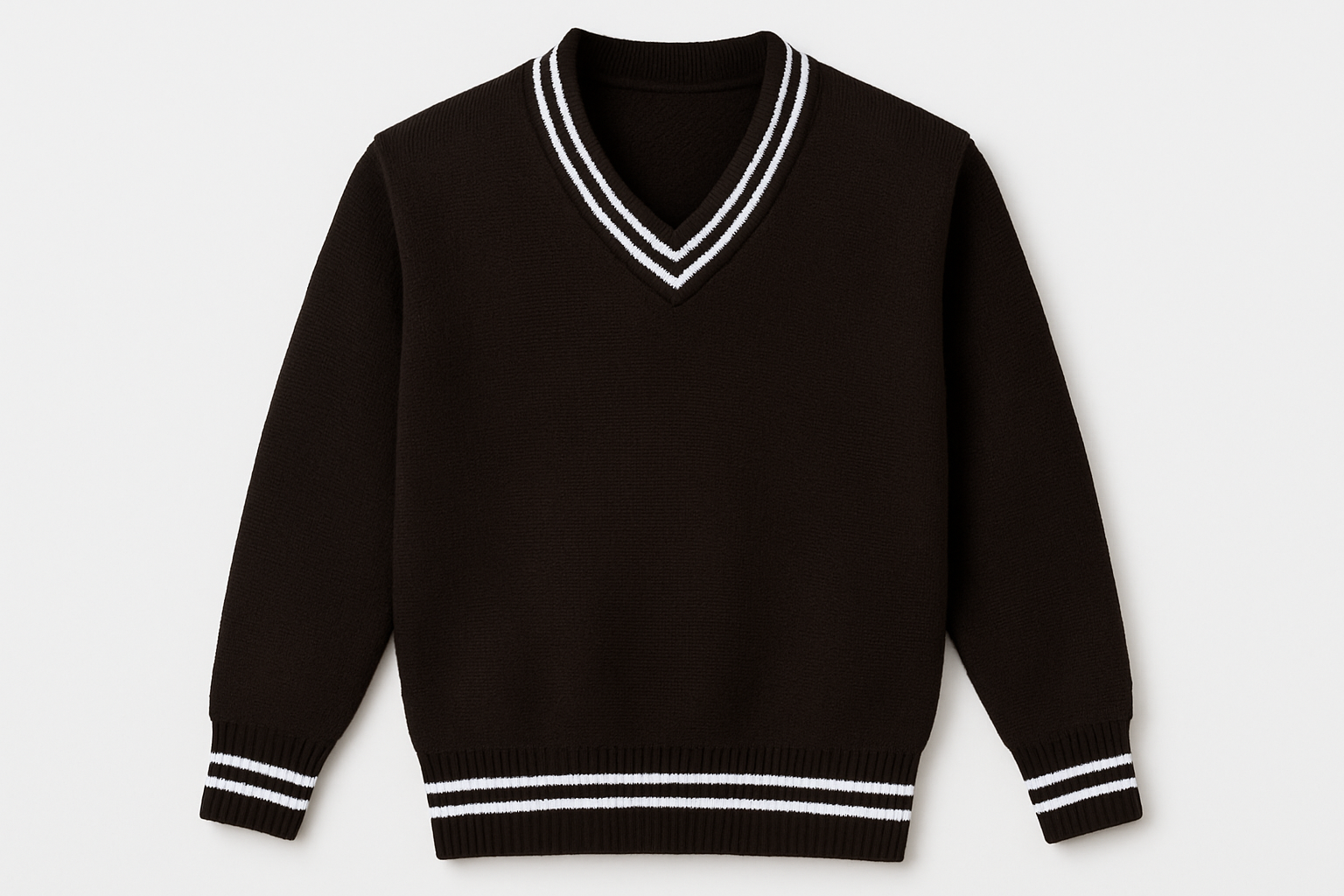 Brown sweater with white trim on white background