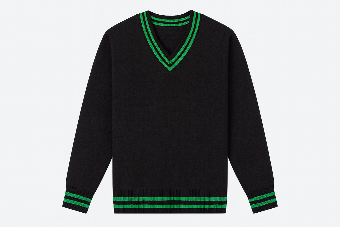 Clean black sweater product mockup with consistent green trim