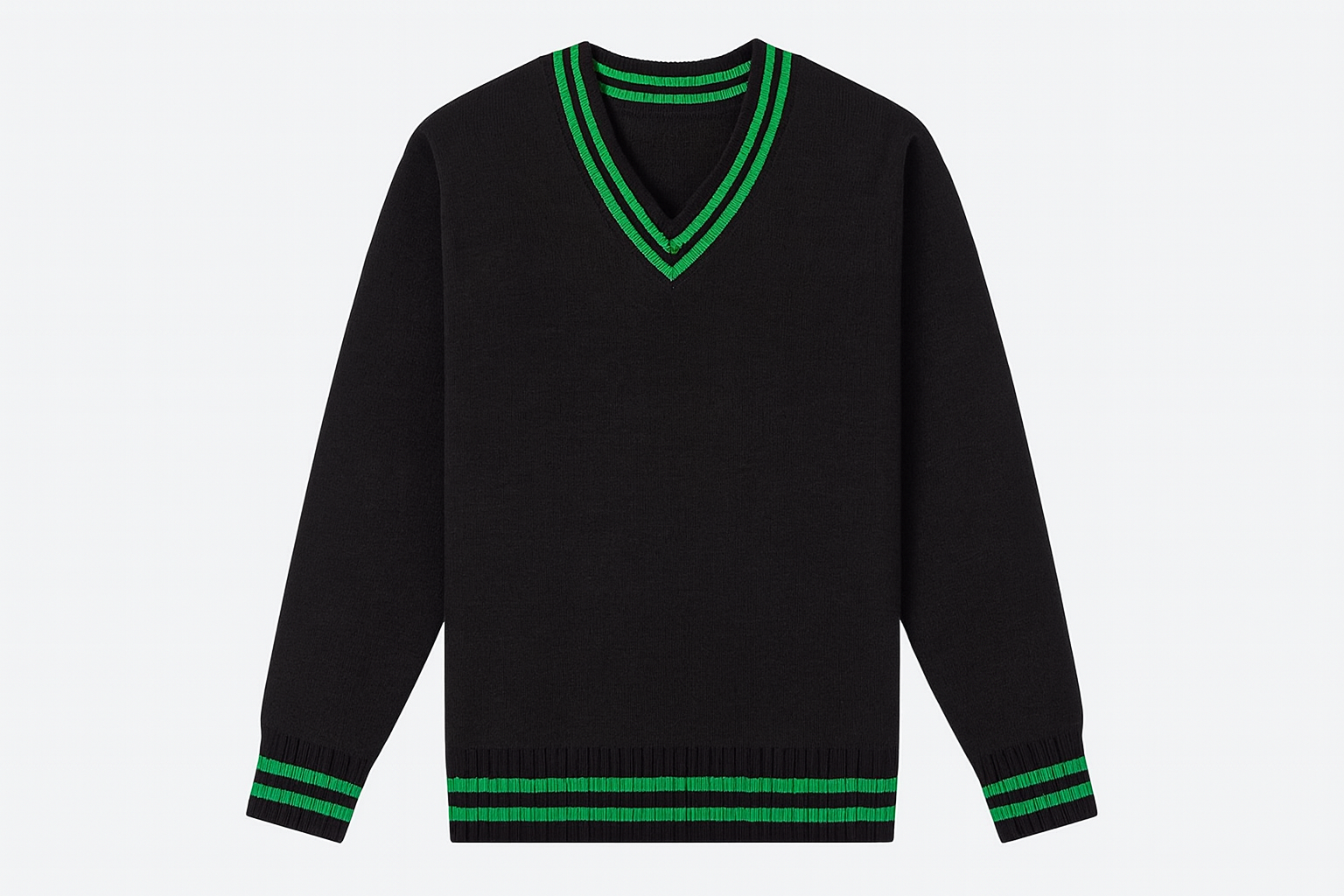Clean black sweater product mockup with consistent green trim