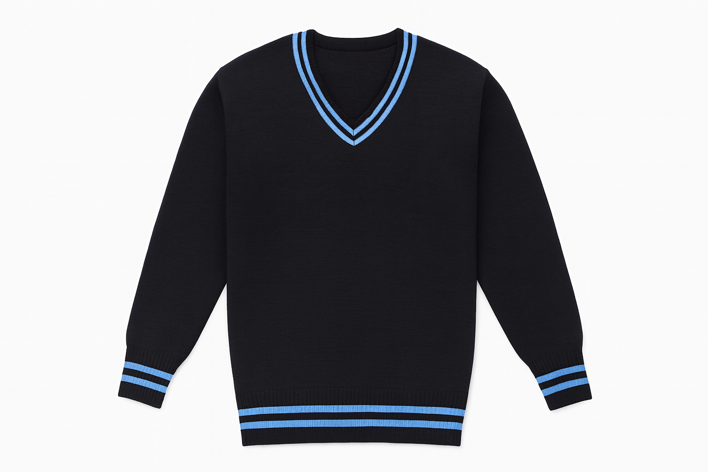 Clean black sweater product mockup with sky blue trim