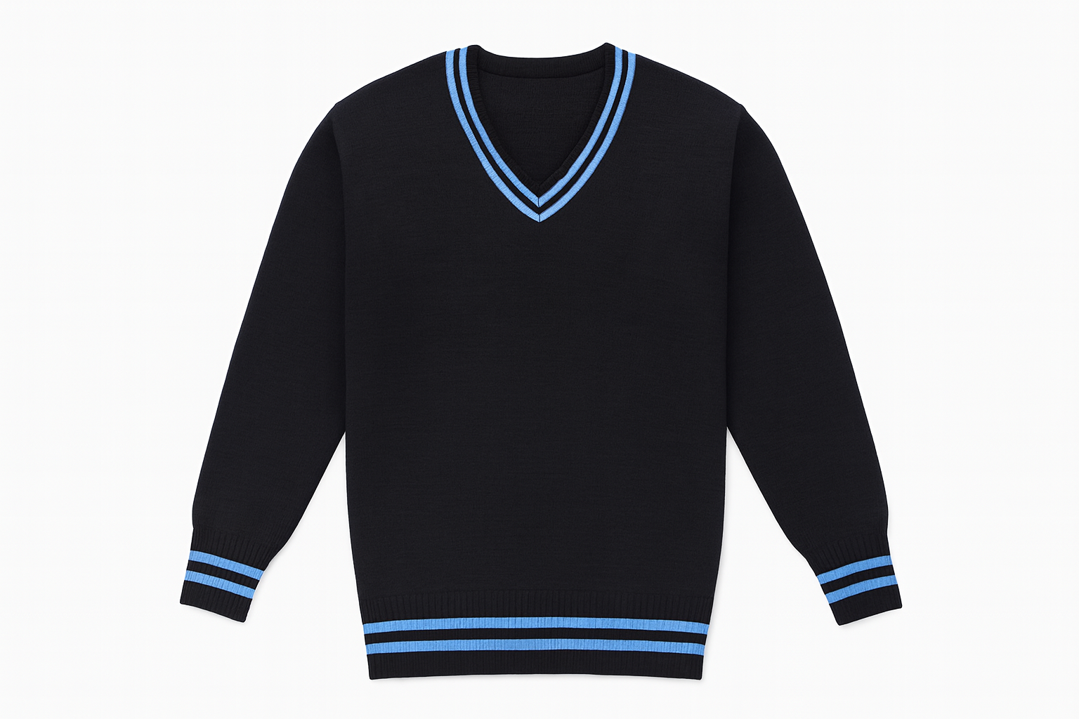 Clean black sweater product mockup with sky blue trim