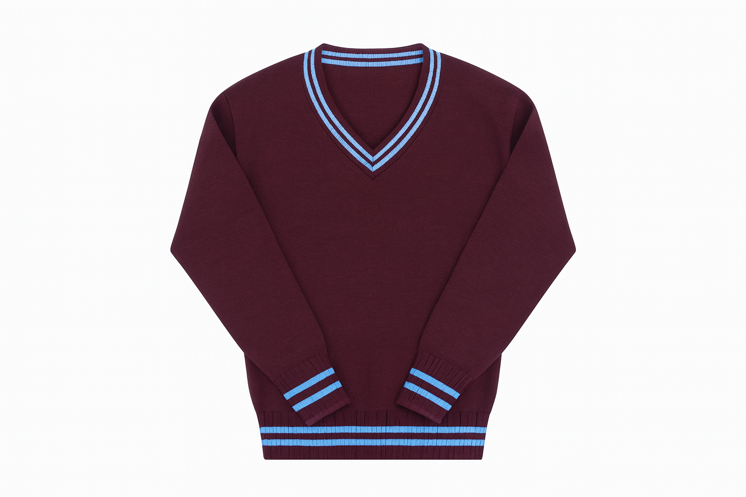 Clean maroon sweater product mockup with sky blue trim