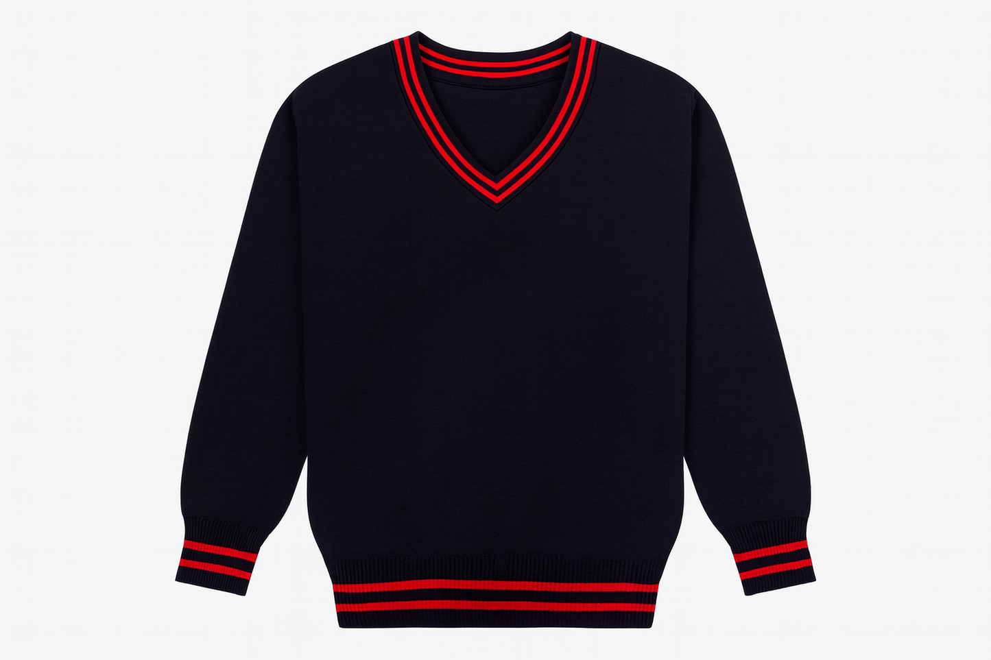 Clean navy sweater product mockup with red trim