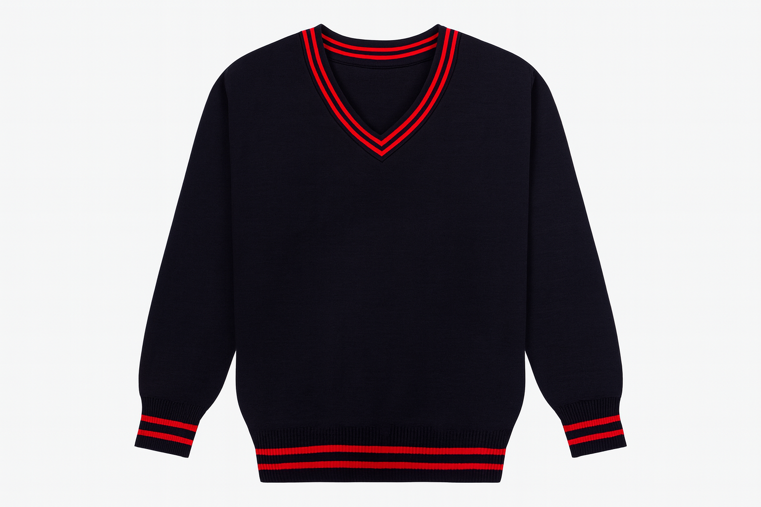 Clean navy sweater product mockup with red trim