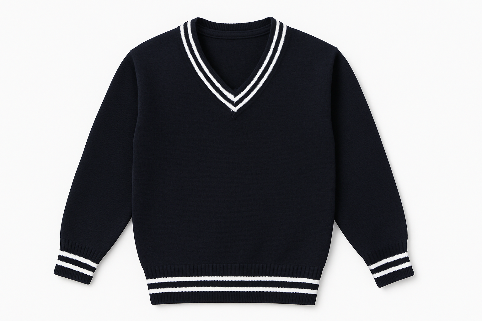 Clean product mockup of navy sweater with white trim