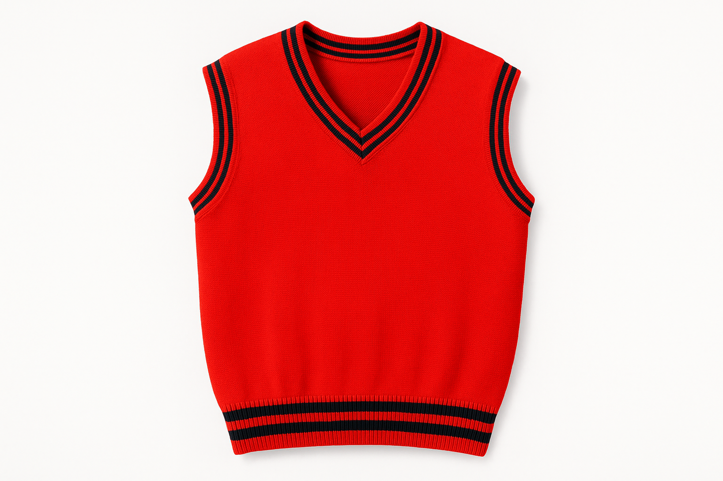 Clean red sleeveless school sweater with black trim, no paper tags, professional product photography on white background