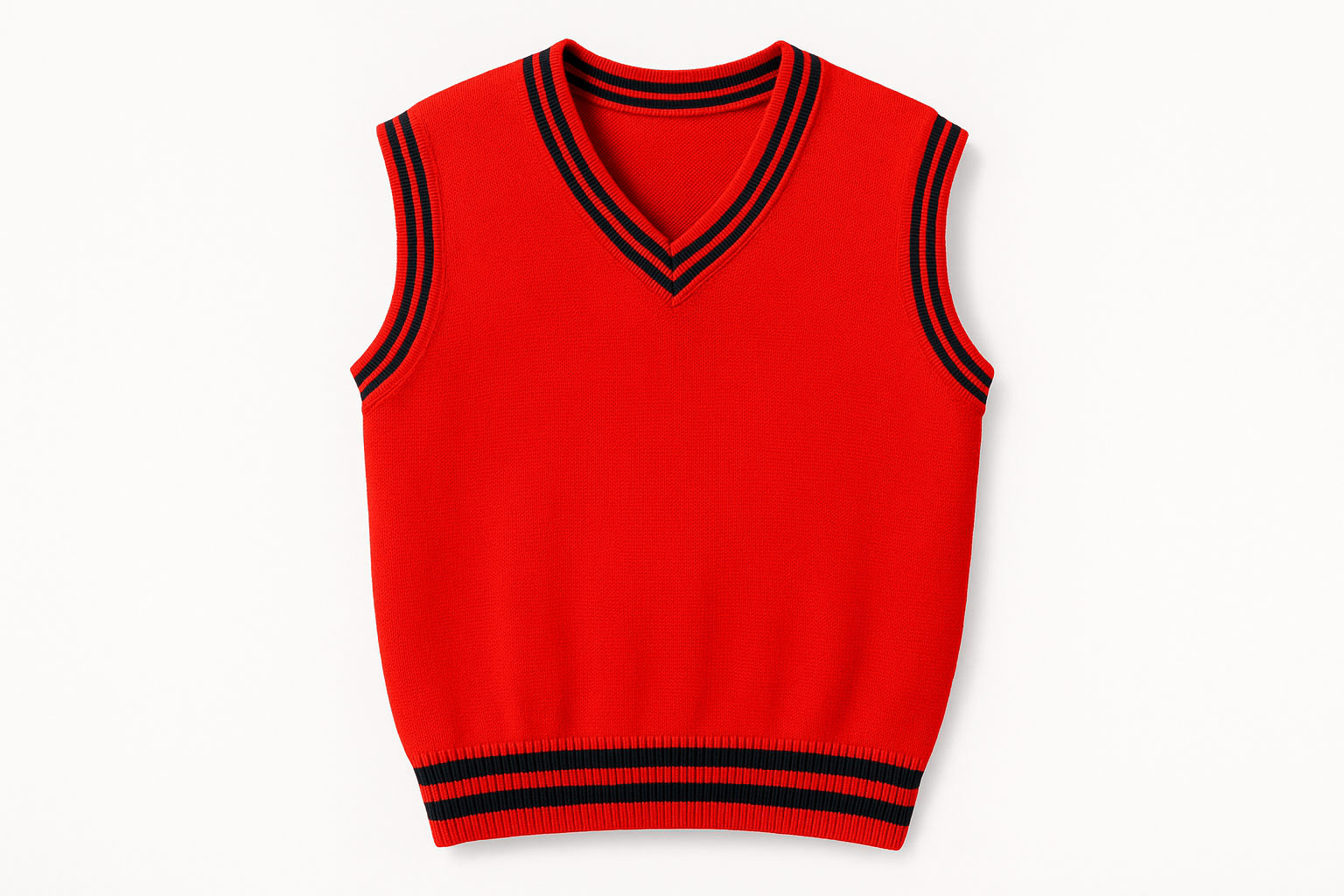 Clean red sleeveless school sweater with black trim, no paper tags, professional product photography on white background