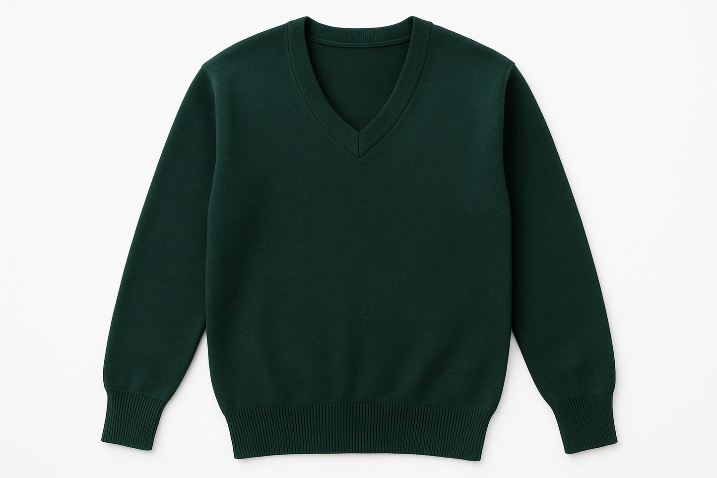 Dark green V-neck school sweater product shot