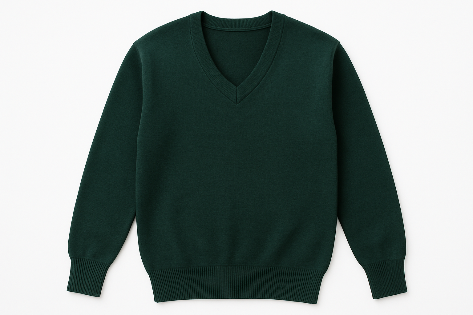 Dark green V-neck school sweater product shot