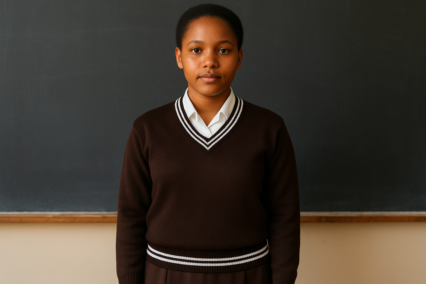 Girl in brown sweater with correct white trim - full length