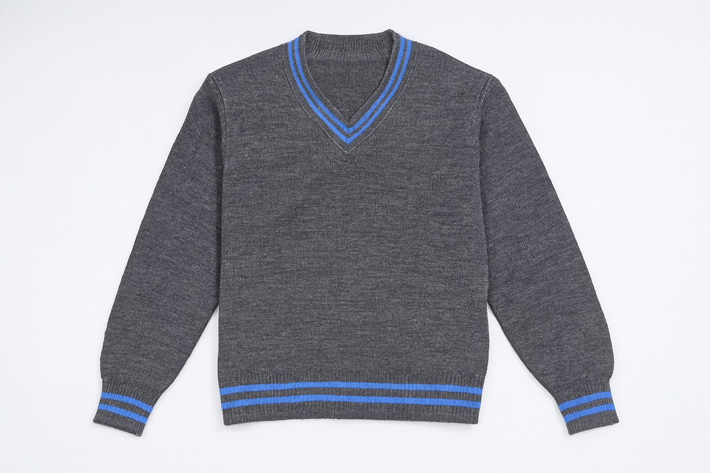 Grey Sweater with Blue Trim - Flat Lay